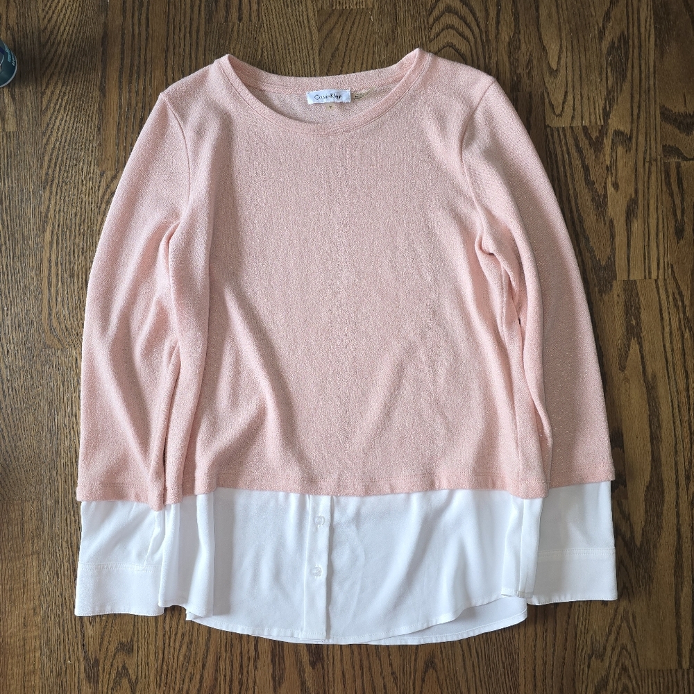 Calvin Klein Pink and White Blouse with Color-Block Design
